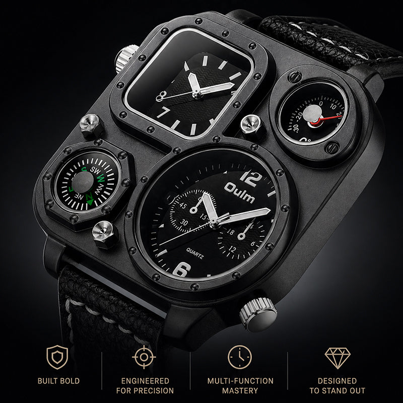 Oulm HP1169 Quartz Watch - Live Edition Men's Heavy Steampunk Dual Time Zone Industrial Black Case Luminous Hands Compass Leather Strap Tactical Wristwatch