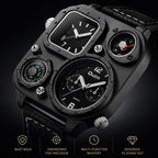 Oulm HP1169 Quartz Watch - Live Edition Men's Heavy Steampunk Dual Time Zone Industrial Black Case Luminous Hands Compass Leather Strap Tactical Wristwatch