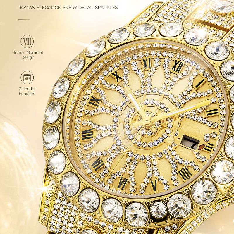 MISSFOX V380L Live Edition Men's Iced Out Watch - Luxury Large Crystal Bezel Pave Roman Numerals Dial Date Window Metal Band Hiphop Wristwatch