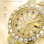 MISSFOX V380L Live Edition Men's Iced Out Watch - Luxury Large Crystal Bezel Pave Roman Numerals Dial Date Window Metal Band Hiphop Wristwatch