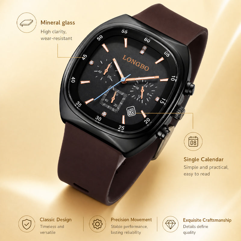 LONGBO LB83920 Live Edition Men's Modern Sport Watch - Sleek TV Shaped Rectangle Case Oil Pressed Dial 4:30 Date Lightweight Silicone Strap Wristwatch