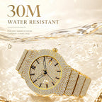 BELBI BELBL-8235 Live Edition Men's Iced Out Watch - Luxury Full Crystals Encrusted Round Case Gold Dial Date Window Stainless Steel Band Hiphop Wristwatch