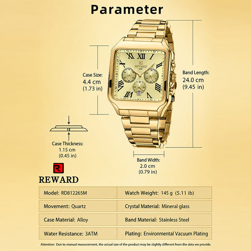 REWARD RD 812265M Quartz Watch - Live Edition Men's Luxury Square Case Full IPG Gold Roman Numerals Chronograph Luminous Hands Date Stainless Steel Band Wristwatch