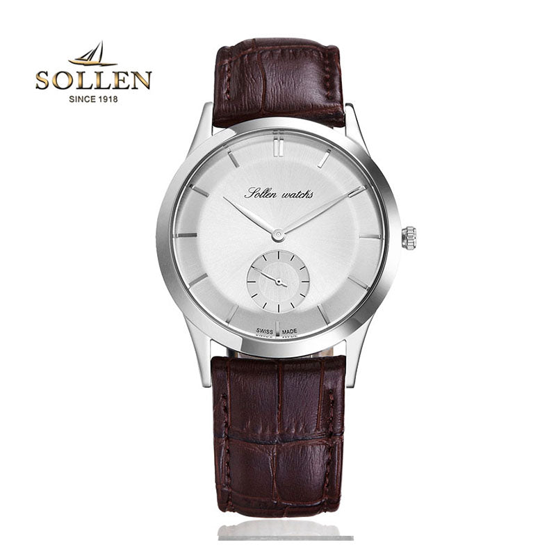 Sollen 9003 Quartz Watch - Men's Small Seconds Sunray Dial Genuine Leather Strap Wristwatch