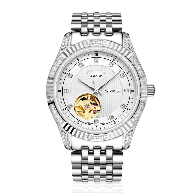 Sollen 9006 Automatic Watch - Men's Open-Heart Vertical Textured Crystal Bezel 7-Bead Stainless Steel Bracelet Wristwatch