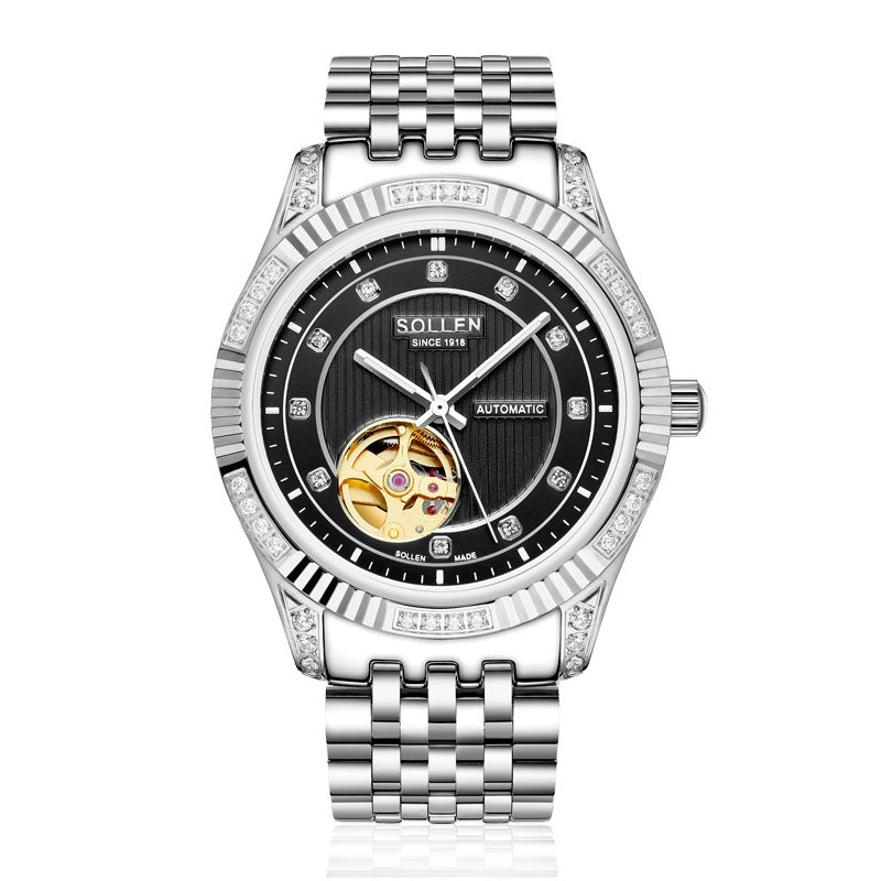 Sollen 9006 Automatic Watch - Men's Open-Heart Vertical Textured Crystal Bezel 7-Bead Stainless Steel Bracelet Wristwatch