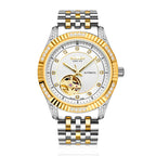 Sollen 9006 Automatic Watch - Men's Open-Heart Vertical Textured Crystal Bezel 7-Bead Stainless Steel Bracelet Wristwatch