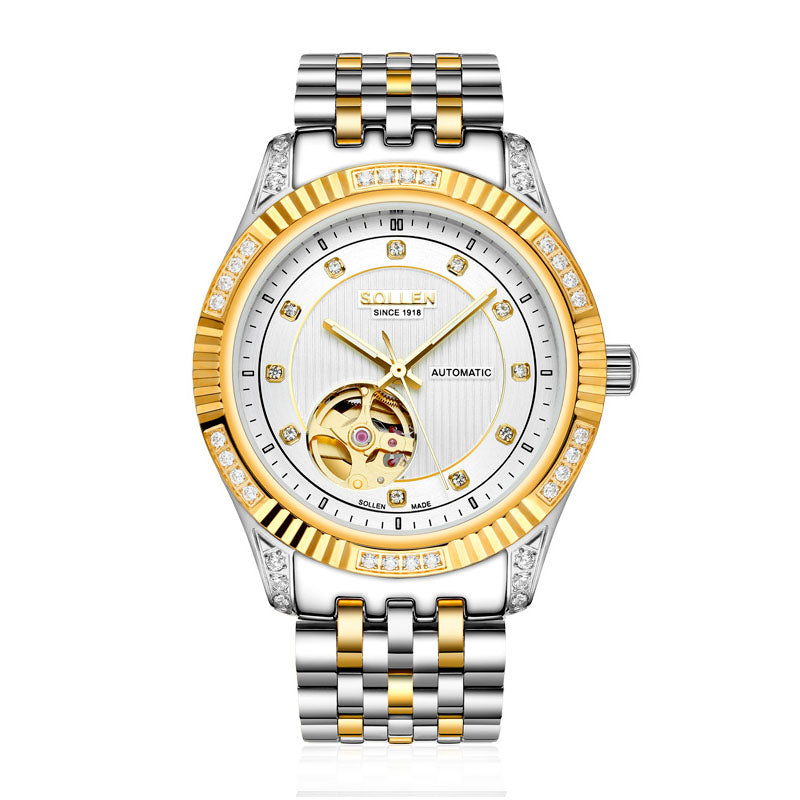 Sollen 9006 Automatic Watch - Men's Open-Heart Vertical Textured Crystal Bezel 7-Bead Stainless Steel Bracelet Wristwatch