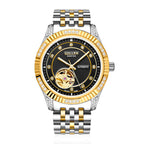Sollen 9006 Automatic Watch - Men's Open-Heart Vertical Textured Crystal Bezel 7-Bead Stainless Steel Bracelet Wristwatch