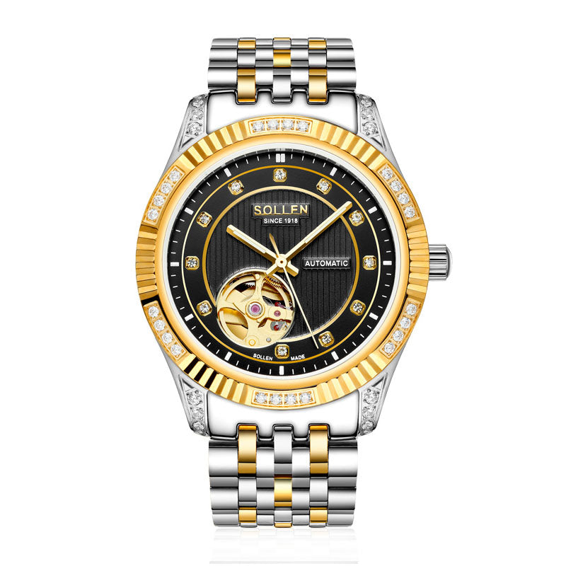 Sollen 9006 Automatic Watch - Men's Open-Heart Vertical Textured Crystal Bezel 7-Bead Stainless Steel Bracelet Wristwatch