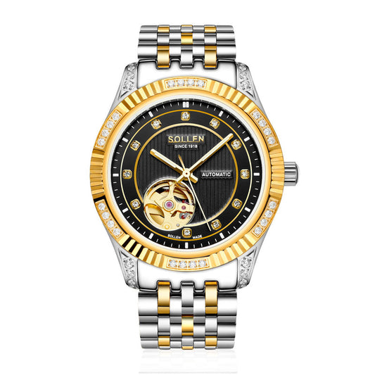 Sollen 9006 Automatic Watch - Men's Open-Heart Vertical Textured Crystal Bezel 7-Bead Stainless Steel Bracelet Wristwatch