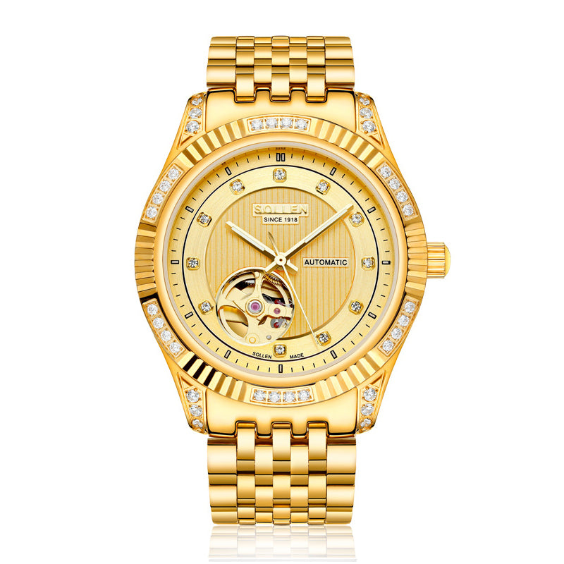 Sollen 9006 Automatic Watch - Men's Open-Heart Vertical Textured Crystal Bezel 7-Bead Stainless Steel Bracelet Wristwatch