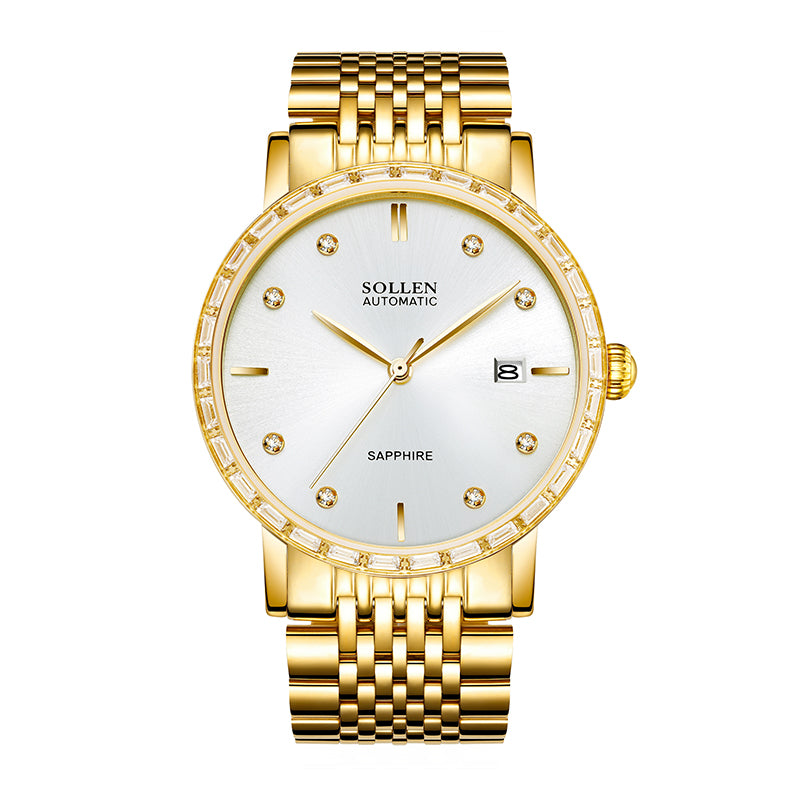 Sollen 9007 Automatic Watch - Men's & Women‘s Couple Sunray Dial Crystal Bezel 9-Bead Stainless Steel Bracelet Wristwatch