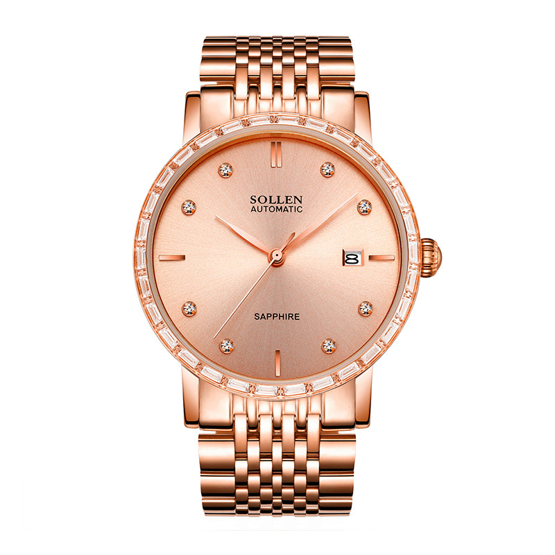 Sollen 9007 Automatic Watch - Men's & Women‘s Couple Sunray Dial Crystal Bezel 9-Bead Stainless Steel Bracelet Wristwatch