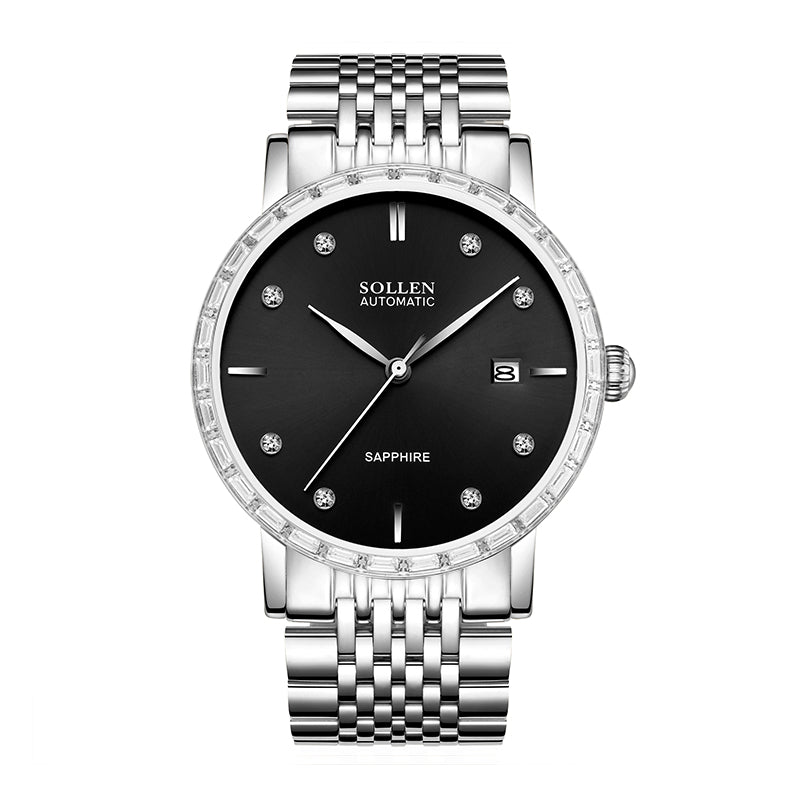 Sollen 9007 Automatic Watch - Men's & Women‘s Couple Sunray Dial Crystal Bezel 9-Bead Stainless Steel Bracelet Wristwatch