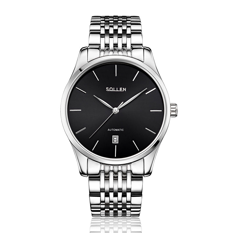 Sollen 9008 Automatic Watch - Men's Sunray Dial Slim Profile 9-Bead Stainless Steel Bracelet Wristwatch