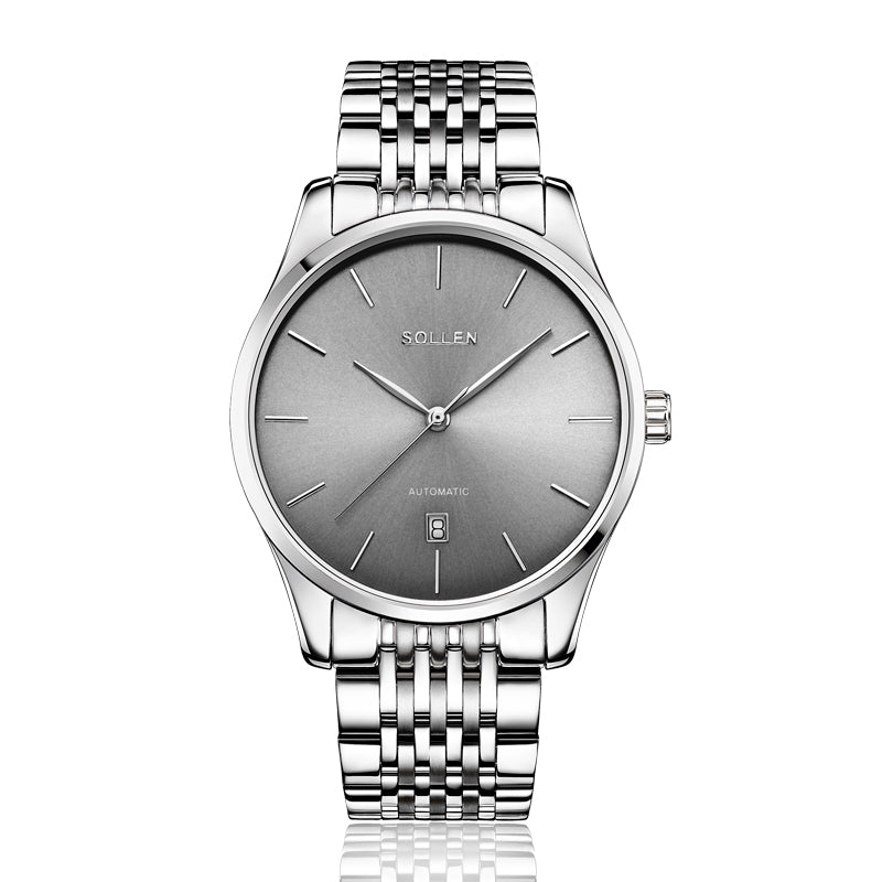 Sollen 9008 Automatic Watch - Men's Sunray Dial Slim Profile 9-Bead Stainless Steel Bracelet Wristwatch
