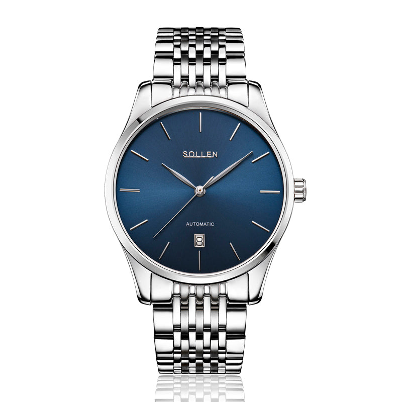 Sollen 9008 Automatic Watch - Men's Sunray Dial Slim Profile 9-Bead Stainless Steel Bracelet Wristwatch
