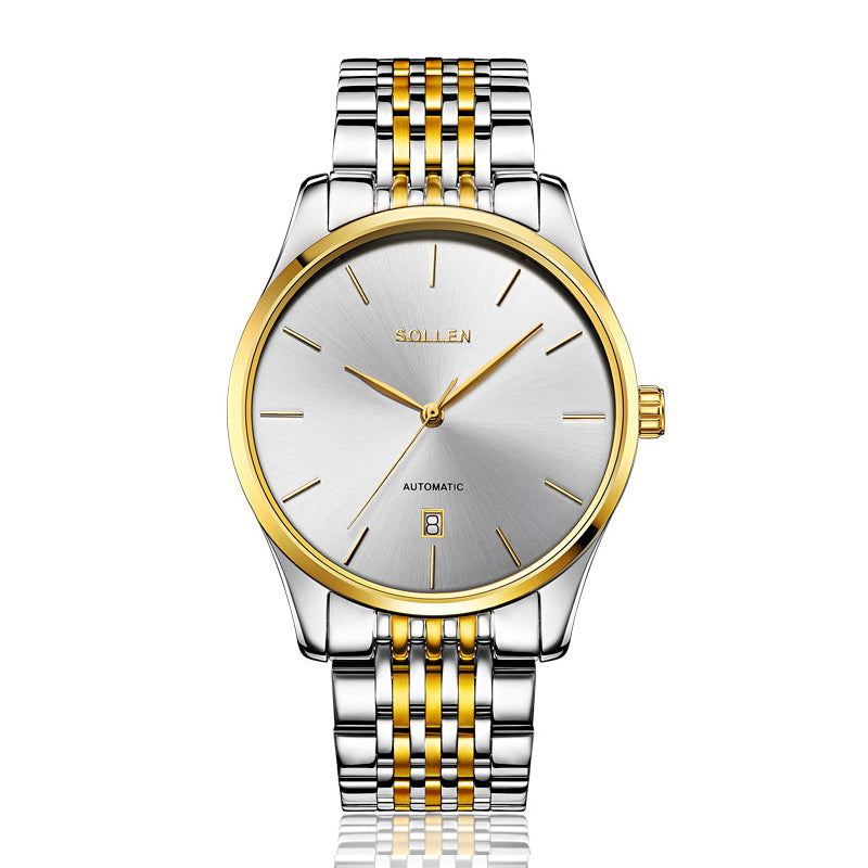 Sollen 9008 Automatic Watch - Men's Sunray Dial Slim Profile 9-Bead Stainless Steel Bracelet Wristwatch