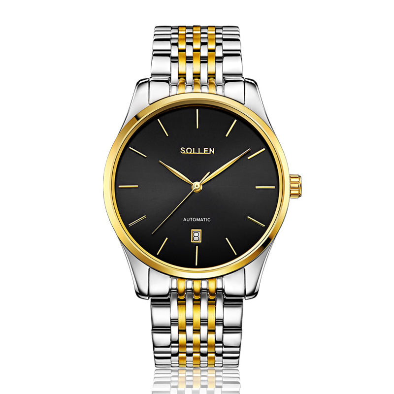 Sollen 9008 Automatic Watch - Men's Sunray Dial Slim Profile 9-Bead Stainless Steel Bracelet Wristwatch