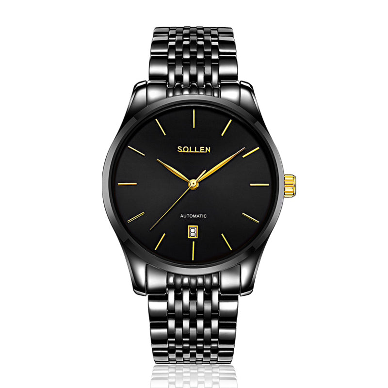 Sollen 9008 Automatic Watch - Men's Sunray Dial Slim Profile 9-Bead Stainless Steel Bracelet Wristwatch
