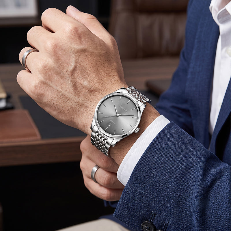 Sollen 9008 Automatic Watch - Men's Sunray Dial Slim Profile 9-Bead Stainless Steel Bracelet Wristwatch