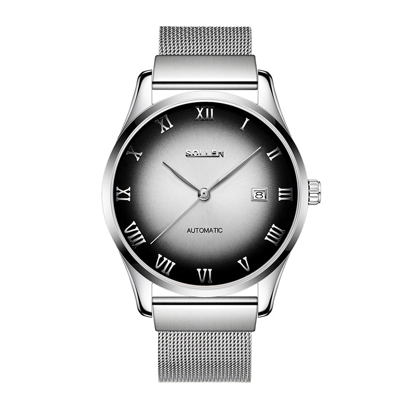 Sollen 9012 Automatic Watch - Men's Roman Sunray Dial Slim Profile Stainless Steel Mesh Strap Wristwatch