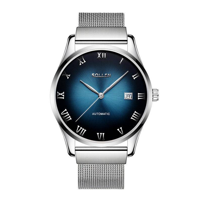 Sollen 9012 Automatic Watch - Men's Roman Sunray Dial Slim Profile Stainless Steel Mesh Strap Wristwatch