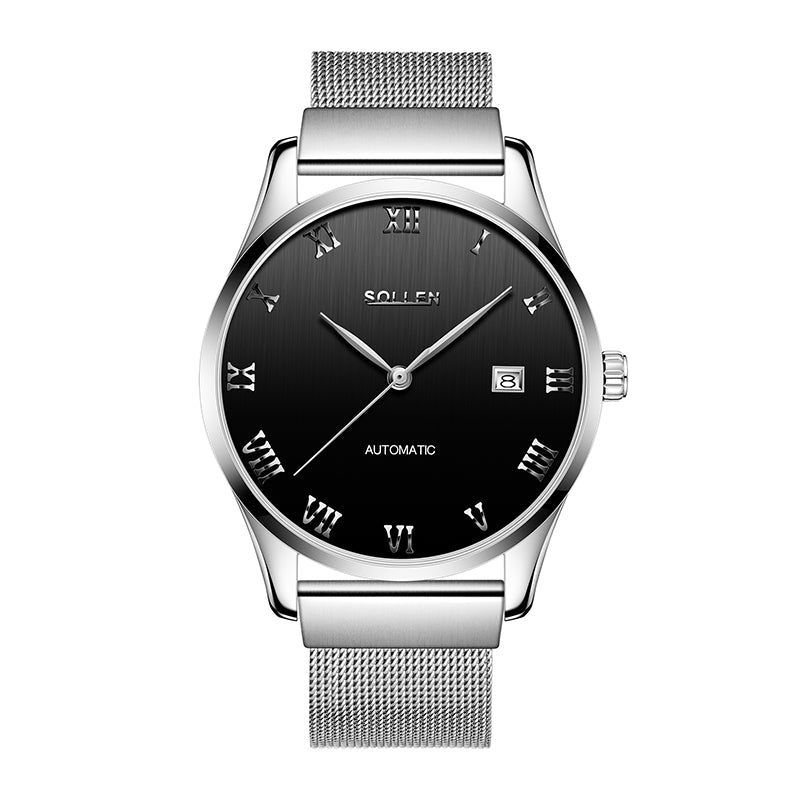 Sollen 9012 Automatic Watch - Men's Roman Sunray Dial Slim Profile Stainless Steel Mesh Strap Wristwatch