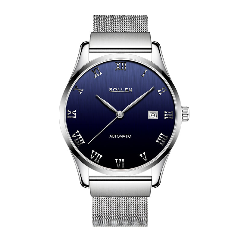 Sollen 9012 Automatic Watch - Men's Roman Sunray Dial Slim Profile Stainless Steel Mesh Strap Wristwatch