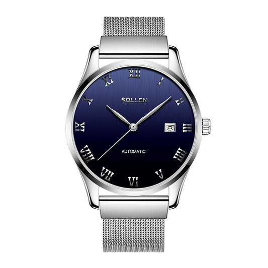 Sollen 9012 Automatic Watch - Men's Roman Sunray Dial Slim Profile Stainless Steel Mesh Strap Wristwatch