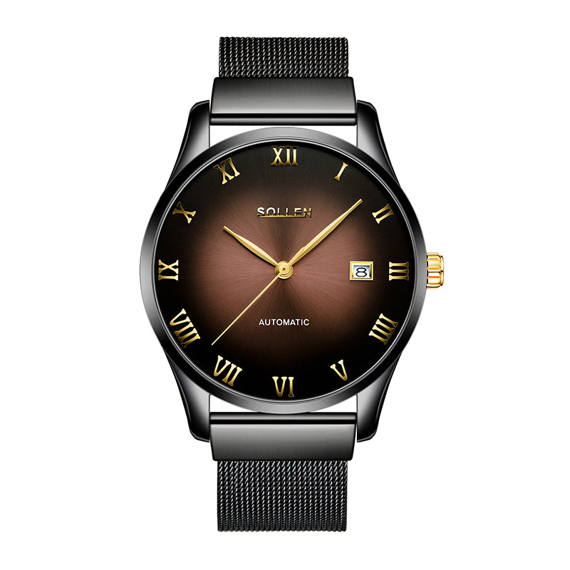 Sollen 9012 Automatic Watch - Men's Roman Sunray Dial Slim Profile Stainless Steel Mesh Strap Wristwatch