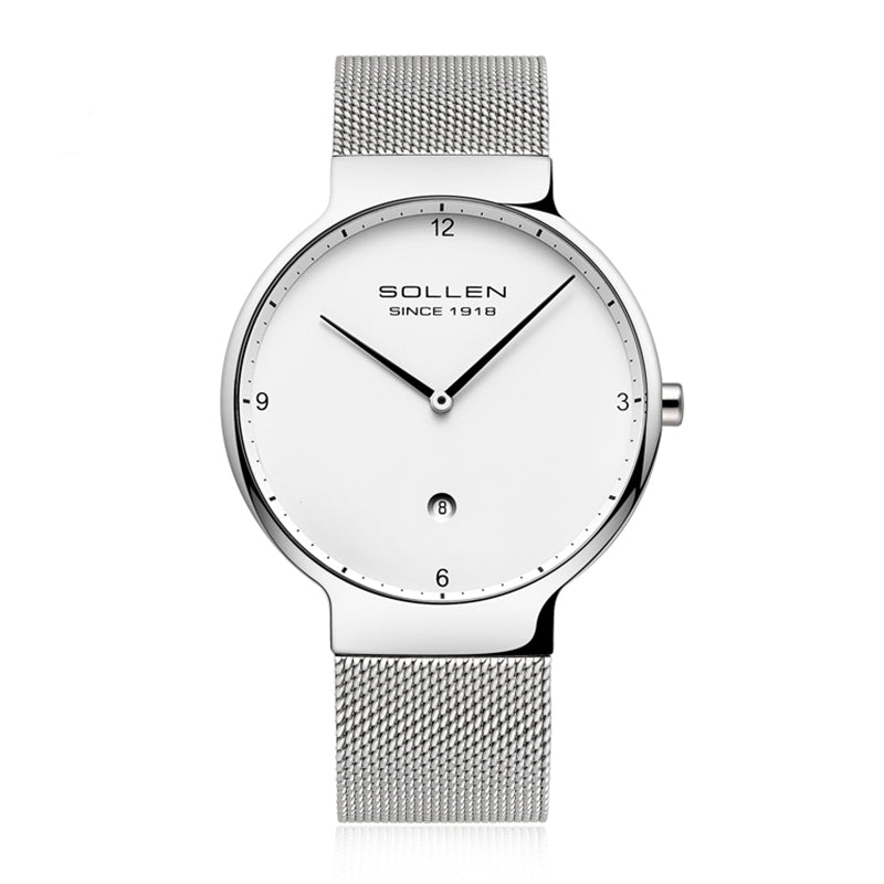 Sollen 9015 Series Quartz Watch - Men's Ultra-Thin Minimalist Dial Slim Profile Stainless Steel Mesh Strap Wristwatch