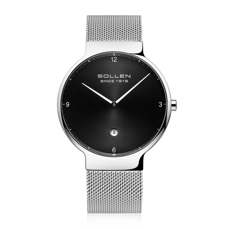 Sollen 9015 Series Quartz Watch - Men's Ultra-Thin Minimalist Dial Slim Profile Stainless Steel Mesh Strap Wristwatch