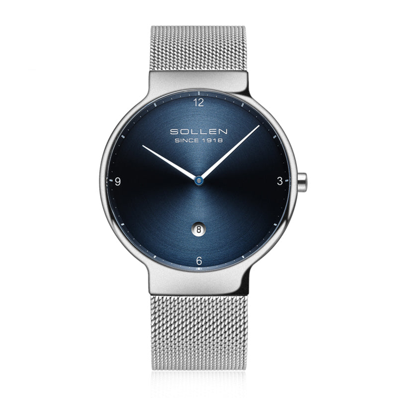 Sollen 9015 Series Quartz Watch - Men's Ultra-Thin Minimalist Dial Slim Profile Stainless Steel Mesh Strap Wristwatch