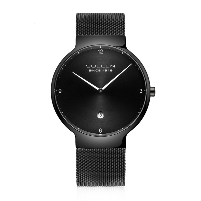 Sollen 9015 Series Quartz Watch - Men's Ultra-Thin Minimalist Dial Slim Profile Stainless Steel Mesh Strap Wristwatch