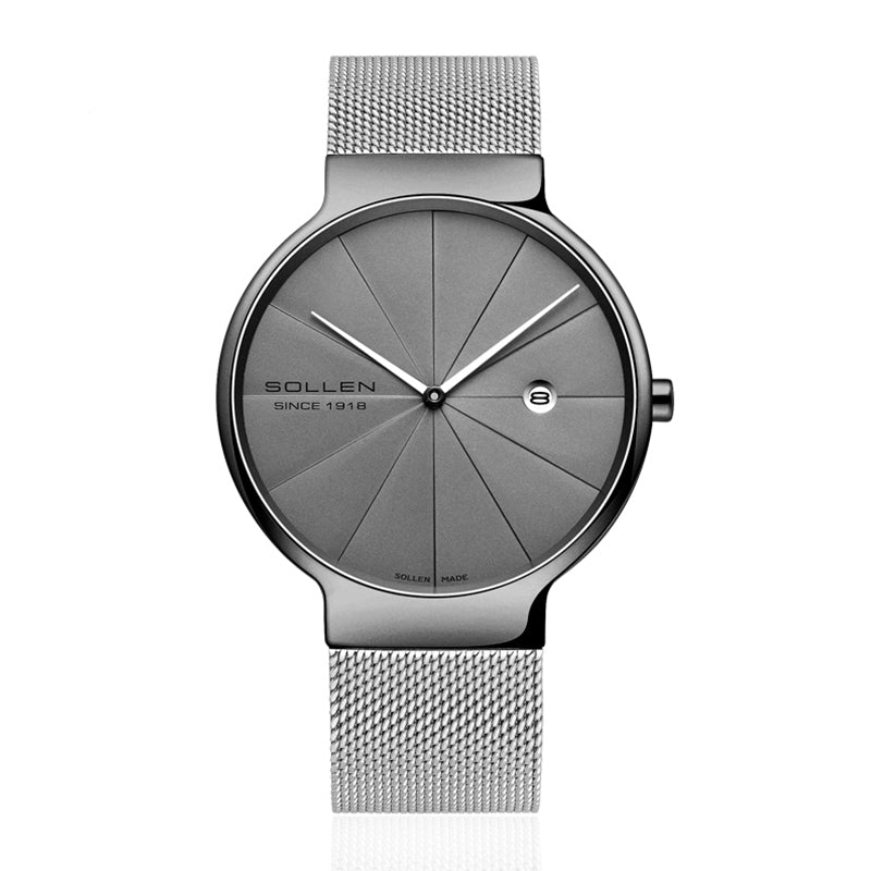 Sollen 9015 Series Quartz Watch - Men's Ultra-Thin Minimalist Dial Slim Profile Stainless Steel Mesh Strap Wristwatch