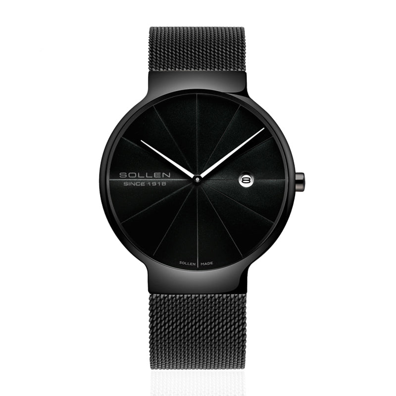 Sollen 9015 Series Quartz Watch - Men's Ultra-Thin Minimalist Dial Slim Profile Stainless Steel Mesh Strap Wristwatch