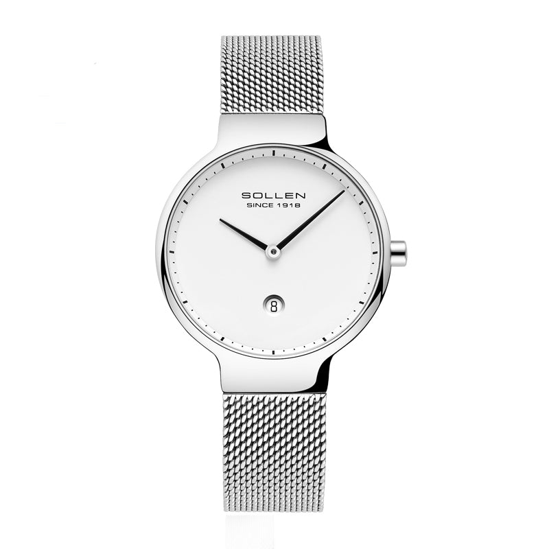 Sollen 9015L Series Quartz Watch - Women's Ultra-Thin Minimalist Dial Slim Profile Stainless Steel Mesh Strap Wristwatch