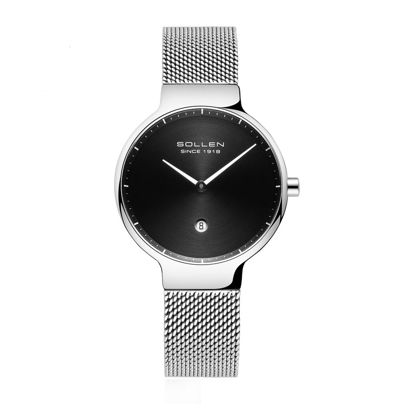 Sollen 9015L Series Quartz Watch - Women's Ultra-Thin Minimalist Dial Slim Profile Stainless Steel Mesh Strap Wristwatch