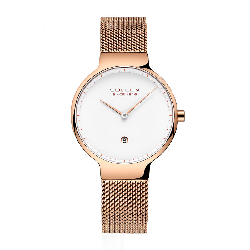 Sollen 9015L Series Quartz Watch - Women's Ultra-Thin Minimalist Dial Slim Profile Stainless Steel Mesh Strap Wristwatch