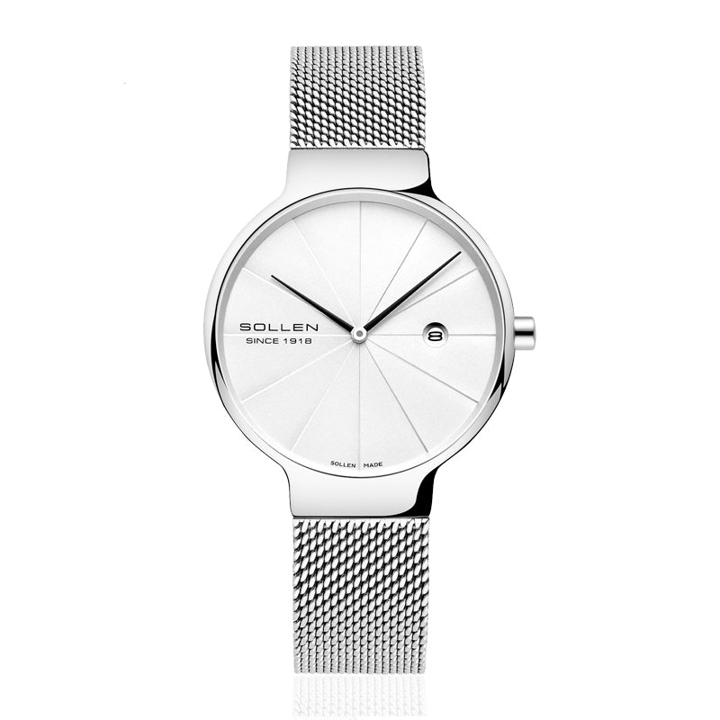 Sollen 9015L Series Quartz Watch - Women's Ultra-Thin Minimalist Dial Slim Profile Stainless Steel Mesh Strap Wristwatch