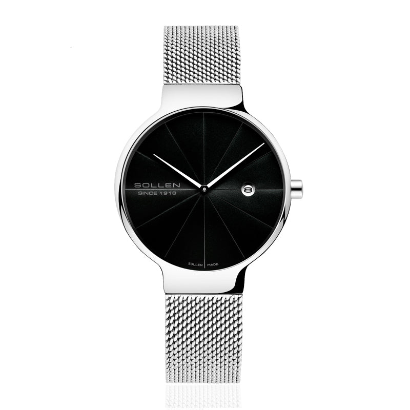 Sollen 9015L Series Quartz Watch - Women's Ultra-Thin Minimalist Dial Slim Profile Stainless Steel Mesh Strap Wristwatch