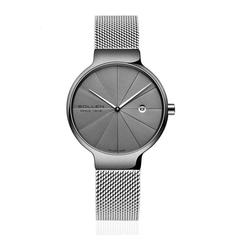 Sollen 9015L Series Quartz Watch - Women's Ultra-Thin Minimalist Dial Slim Profile Stainless Steel Mesh Strap Wristwatch