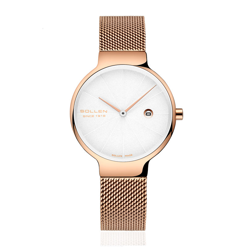 Sollen 9015L Series Quartz Watch - Women's Ultra-Thin Minimalist Dial Slim Profile Stainless Steel Mesh Strap Wristwatch