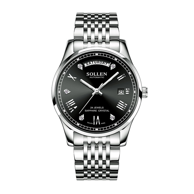 Sollen 9016 Automatic Watch - Men's Full Day Date Sunray Dial 9-Bead Stainless Steel Bracelet Wristwatch