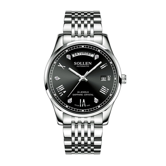 Sollen 9016 Automatic Watch - Men's Full Day Date Sunray Dial 9-Bead Stainless Steel Bracelet Wristwatch