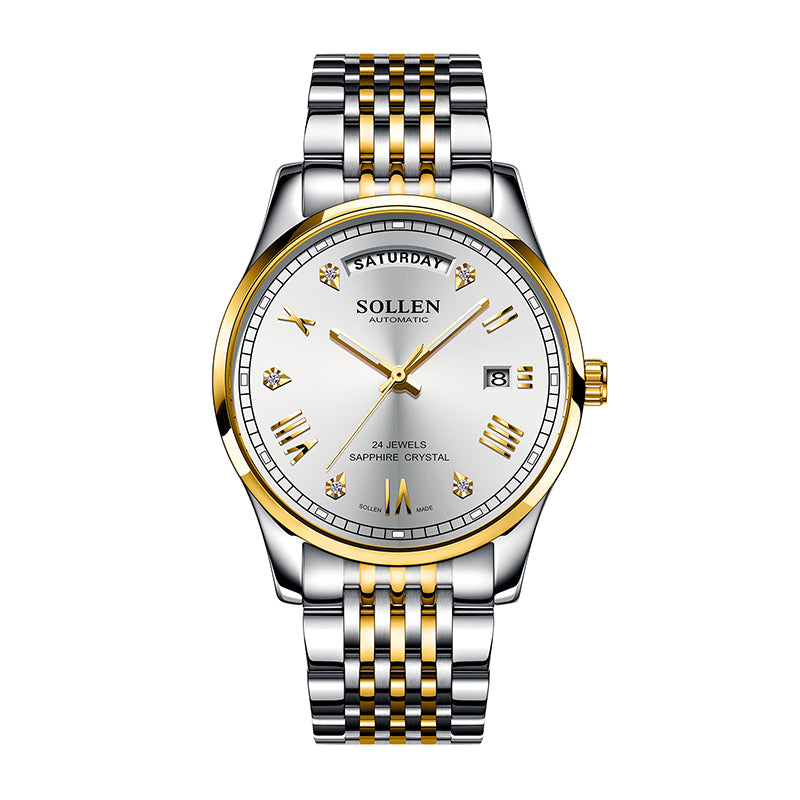 Sollen 9016 Automatic Watch - Men's Full Day Date Sunray Dial 9-Bead Stainless Steel Bracelet Wristwatch