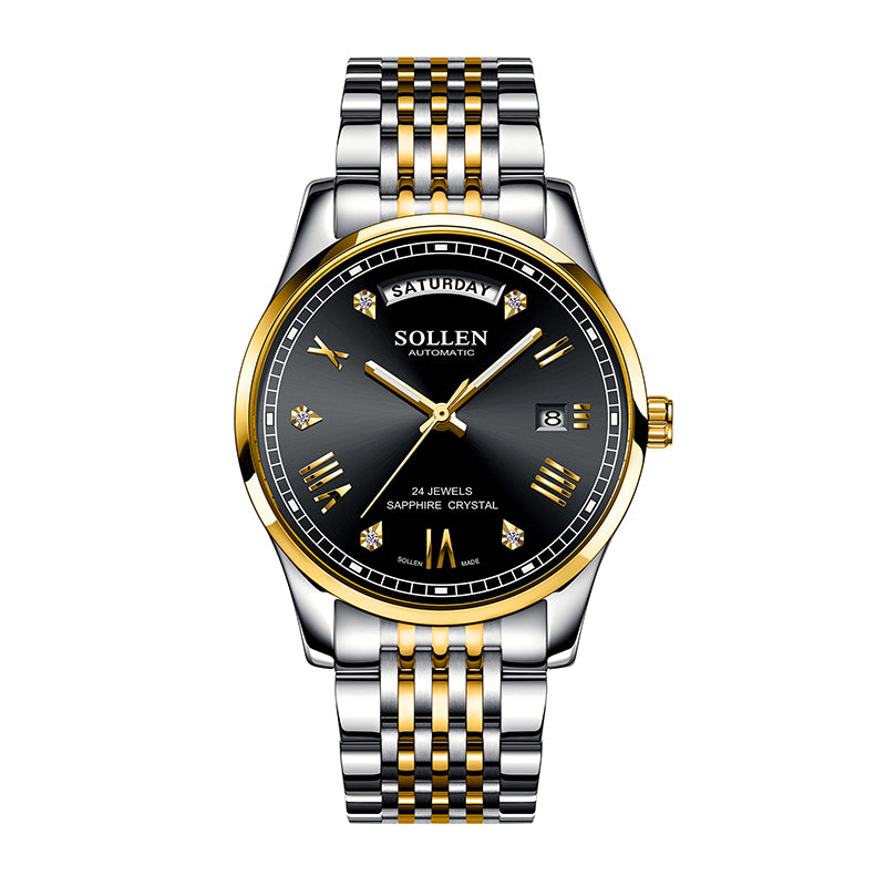 Sollen 9016 Automatic Watch - Men's Full Day Date Sunray Dial 9-Bead Stainless Steel Bracelet Wristwatch