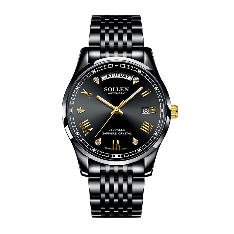 Sollen 9016 Automatic Watch - Men's Full Day Date Sunray Dial 9-Bead Stainless Steel Bracelet Wristwatch
